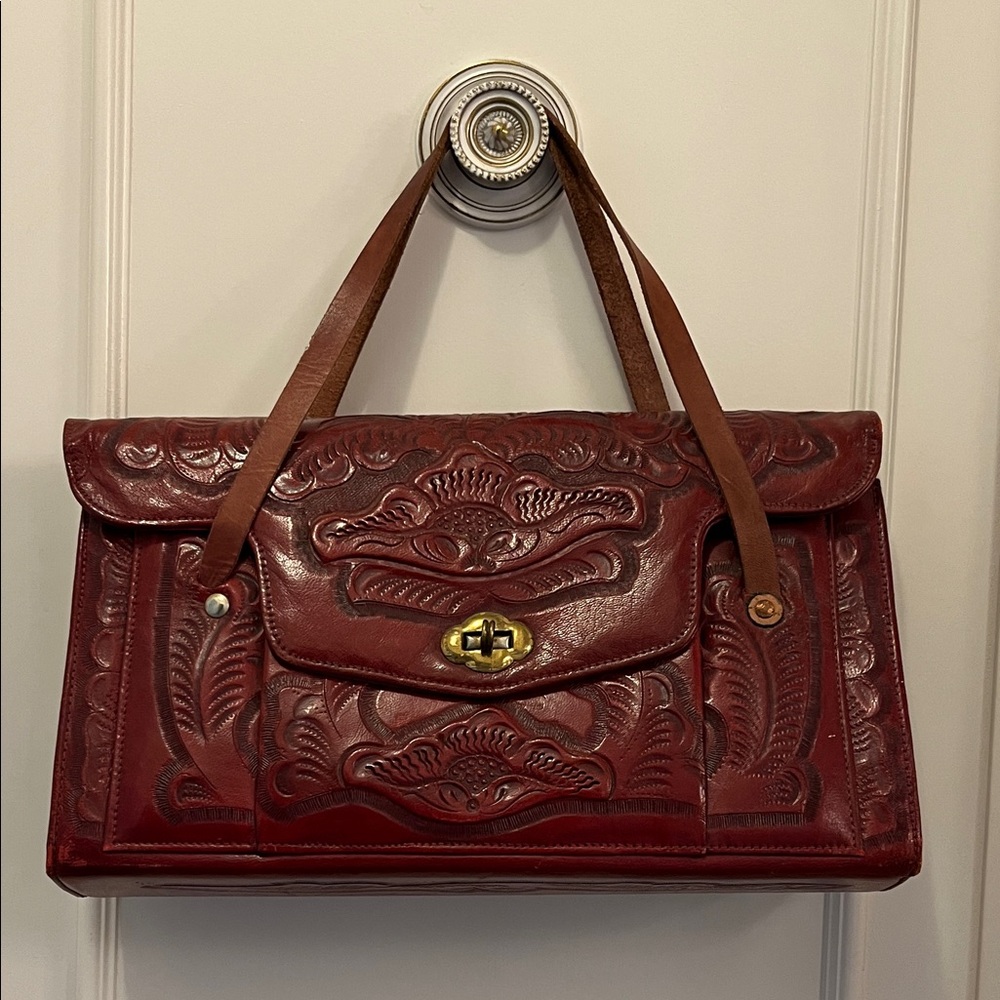 Vintage Red Leather Embossed Handbag